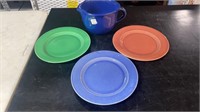 Three Dinner Plates and Stoneware Pitcher