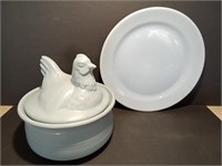 Blue Chop Plate and Blue Ceramic Hen Canister