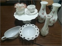 Milk Glass Lot (Cake Plate, Hand Painted Vases,..)