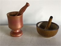2 MORTAR & PEDSTAL - ONE POTTERY ONE WOOD