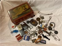 Wood jewelry box w collectibles