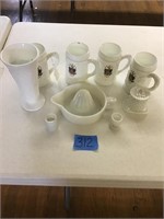 MILK GLASS CUPS, VASE, JUICER