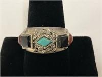 Sterling, Turq., Coral & Onyx Ring 8gr TW Sz 9