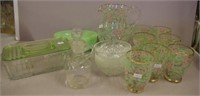 Two green depression glass containers