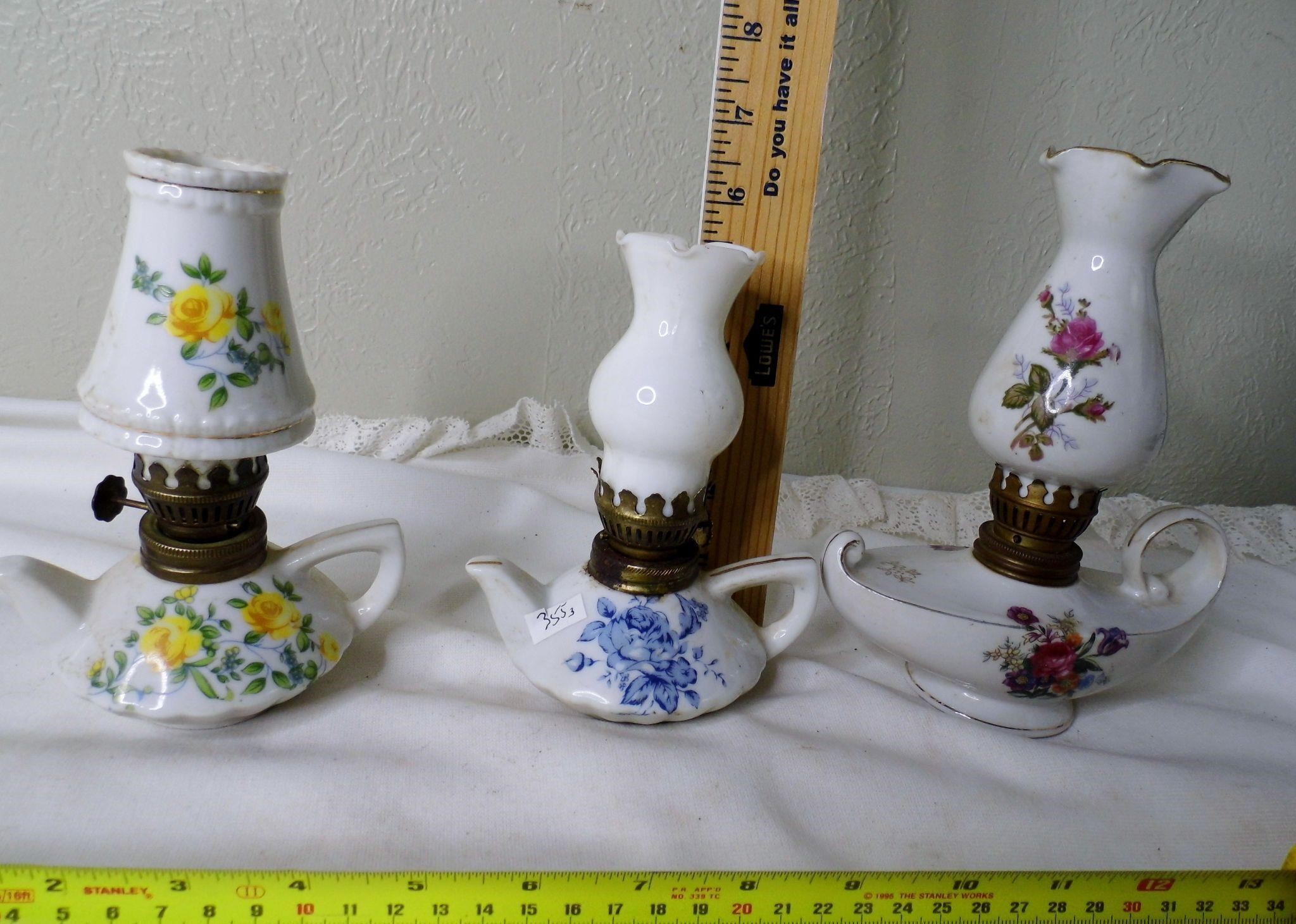 3 Vtg Mini Porcelain Oil Lamps Japan