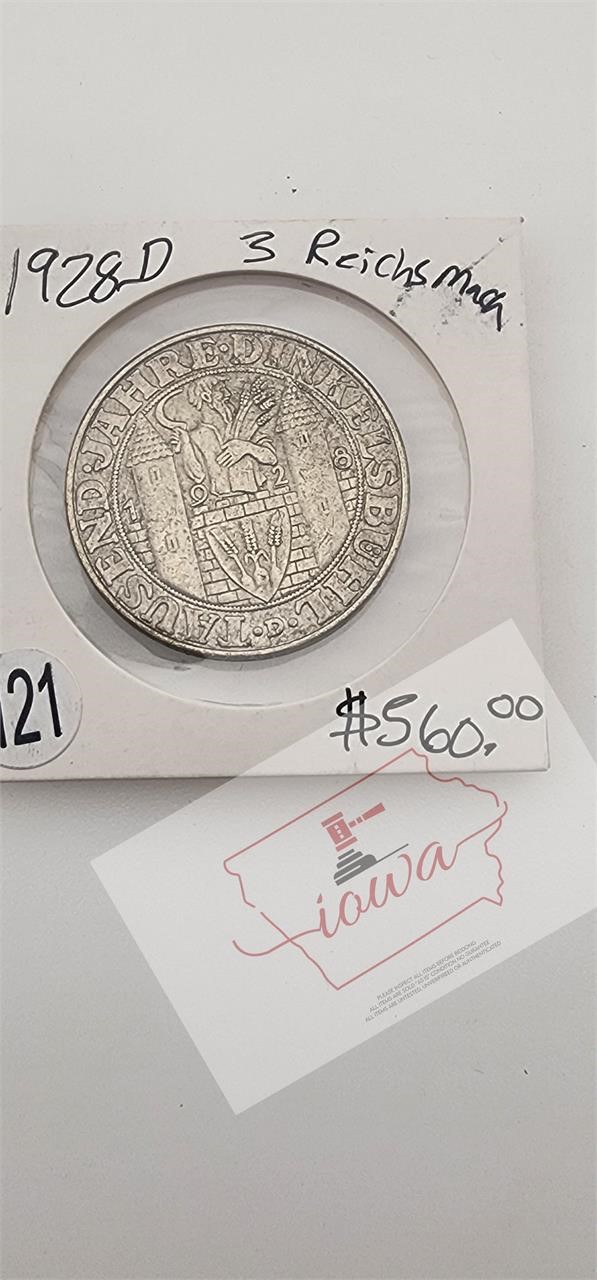 1928D 3 Reichs Mark Coin Est Retail $560