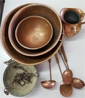 Copper Bowls, Pitcher & Cooking Utensils