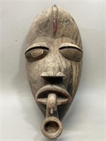 African Tribal Wood Mask w/ Tobacco Pipe Mask