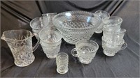 Cut Clear Glass Punch Bowl & Cups