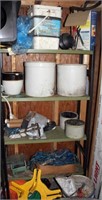 Metal 4 shelf unit w/ 5 crocks and asstd gardening