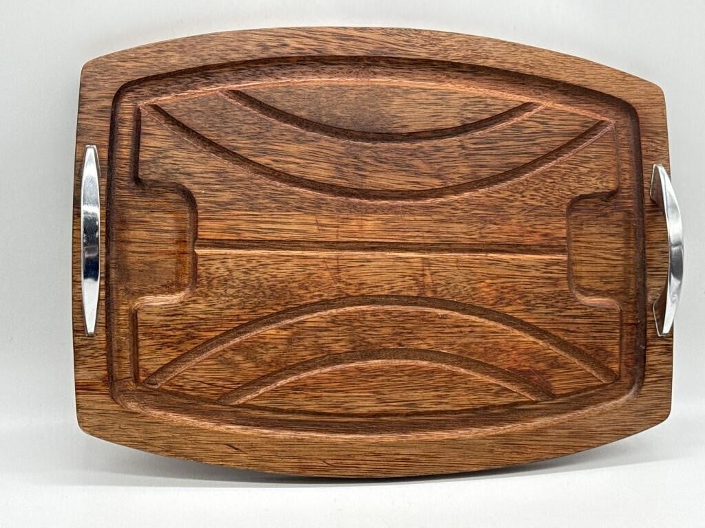 Vintage Mid Century Wood Tray w Chrome Handles