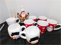 8 Christmas coffee mugs; wine glass