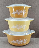 3pc Butterfly Gold Pyrex Casserole Dishes w/ lids