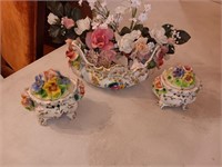 3 Italian capodemonti style pieces covered dish