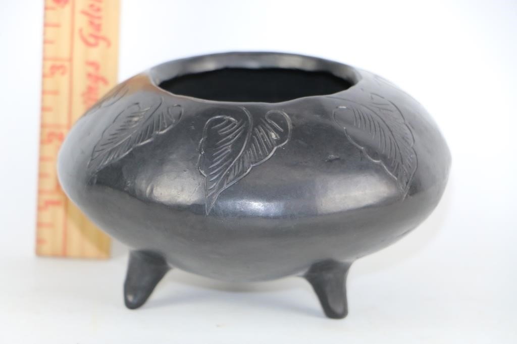 Black Etched Pottery Footed Bowl