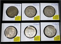 6- Collection of Peace dollars: 1922, 1922-D,