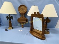 Tell City Clock and Mirror; Wood Lamps