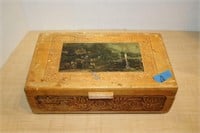 CARVED WOOD FOOTED BOX WITH SCENE DECAL