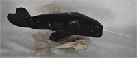 Inuit Soapstone Narwhal on Whale Bone Base