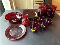 Vintage Ruby Red Tea Cups, Square Plates, Cruet, L