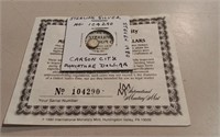 US Carson City Sterling Miniature Dollar W/ COA