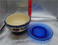 Brothers Pottery Bowl/ Cobalt Glass Plate