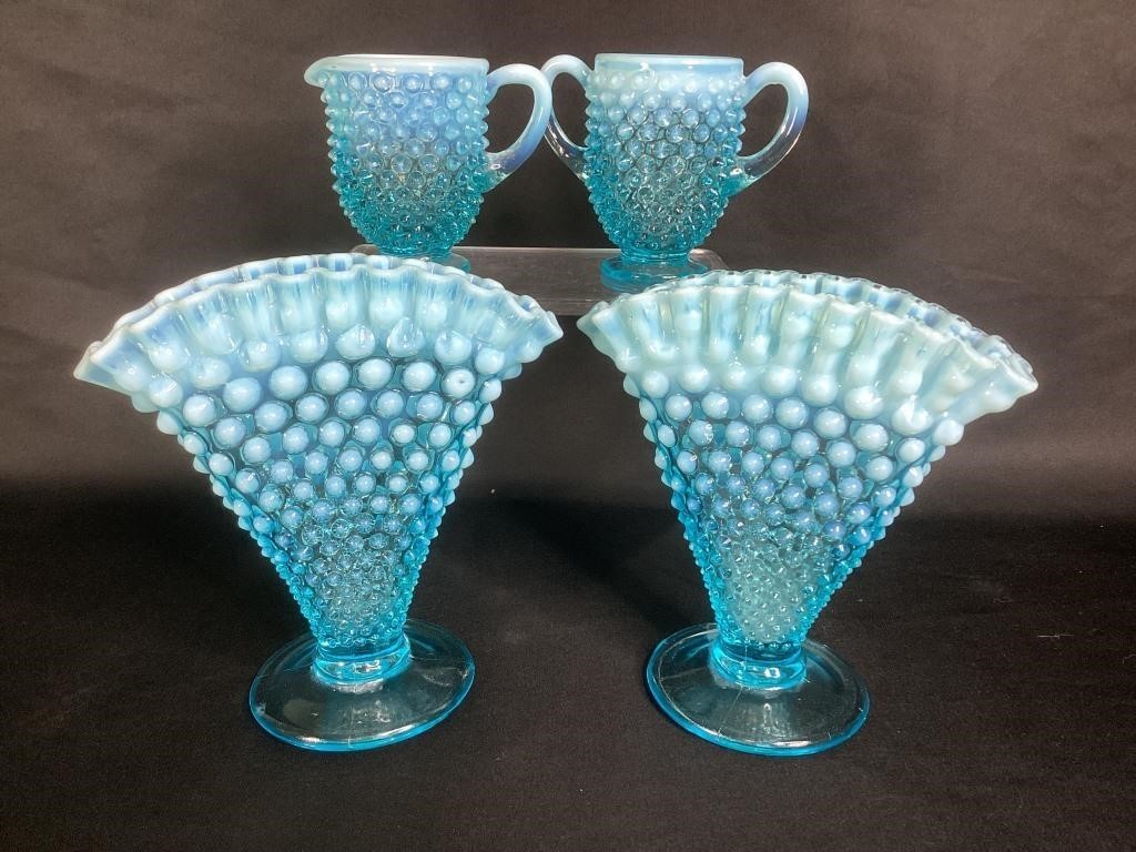 Fenton Blue Hobnail Fan Vases,Sugar & Creamer
