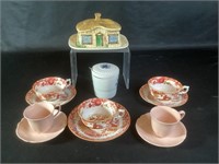 Porcelain Cups Saucers,Butter Dish & Mustard
