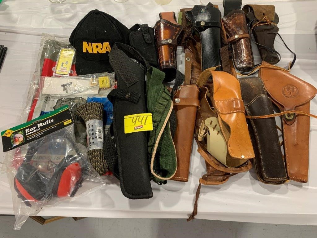 GROUP OF LEATHER GUN HOLSTERS, NRA HAT, SHOOTING