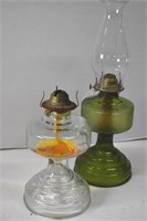 Two Vintage Hurricane Oil Lamps. Green Glass
