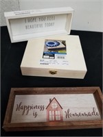 New Wooden wall plaques, and a wooden cigar box