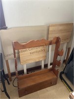 4 items, wooden gun rack, two TV trays, appears