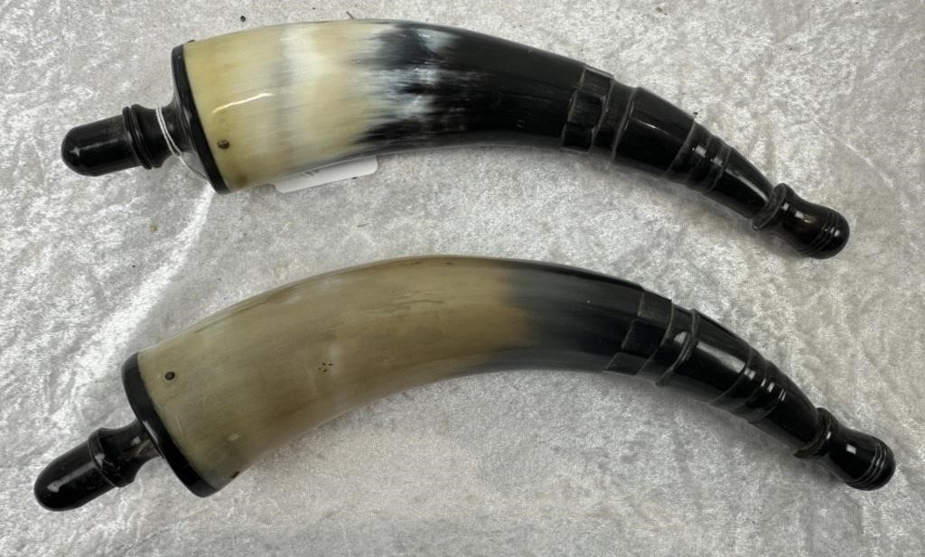 2 x 1950's Carved Black Powder Hunting Horns