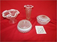 4- PIECES HOBNAIL,2- POWDER DISHES,CANDY,VASE