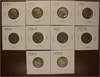 Lot of 10 Buffalo Nickels