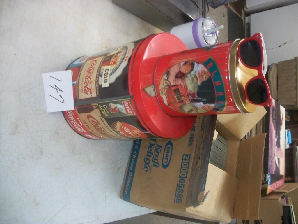 2 COKE TINS, VTG GLASSES