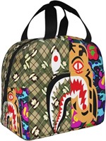 Grid Camo Green Shark Mouth Tiger Face Lunch Bag F