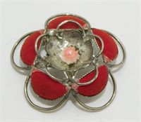 Vintage Unsigned Brooch Pin w/ Red Velvet Detail