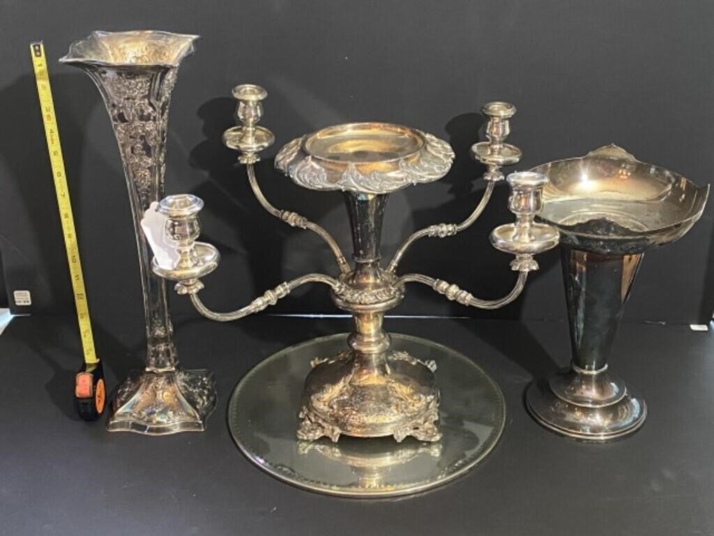 Ornate Silver Plate Center Piece Candle Holder & 2