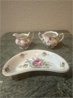 Lefton Rose Set Gold Trim Sugar & Creamer & Dish