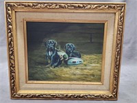 Oil on canvas 2 Labrador puppies with decoys.