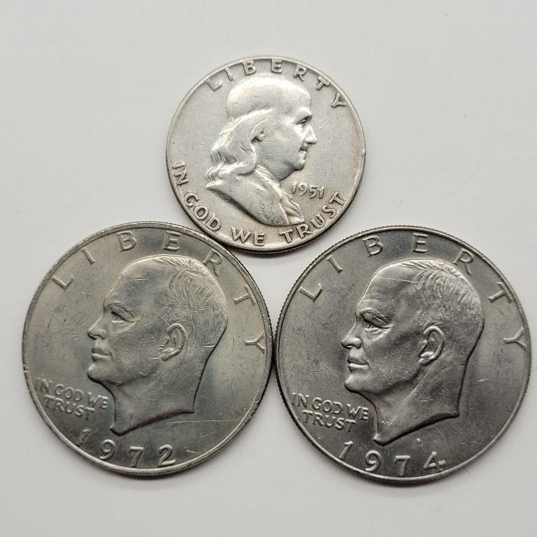 1951 FRANKLIN SILVER HALF DOLLAR & 1972 & 1974 D