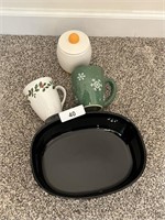 Black Corning Casserole, Christmas Mugs, and