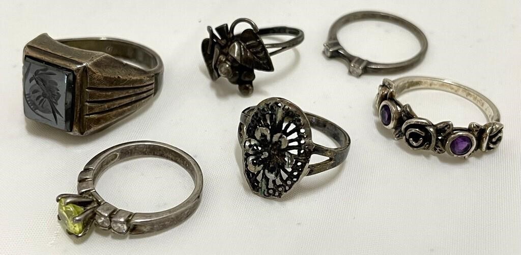 Six Vintage Sterling Rings