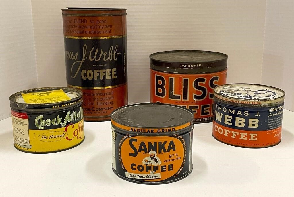 Five Vintage Coffee Tins