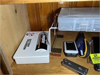 Shelf with fasteners, stud finder, battery organiz