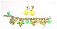 Retro Mod Yellow Green Beaded Bracelet & Earrings