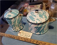 Rare turquoise graniteware coffee & tea pots
