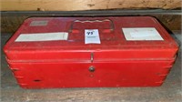 Vintage red tool box- with variety of contents -