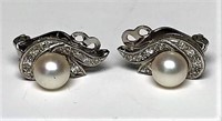 14k White Gold & Pearl Earrings & Clear